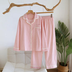 Lace Trim Plaid Long Sleeve Shirt And Pants Two Piece Sleepwear Set