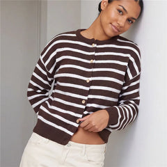 Striped Knit Round Neck Button Down Cardigan