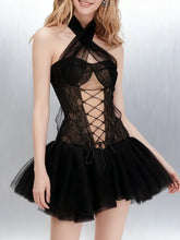 Black Lace Up Corset Mesh Tie Up Flare Mini Dress