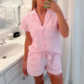 Striped Heart Short Sleeve Top And Shorts Sleepwear Set