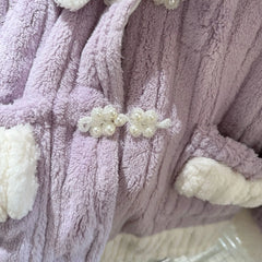 Fur Fleeve Long Sleeve Pocket Shirt And Pants Pajama Set