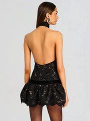 Black Lace Open Black Frill Mini Dress