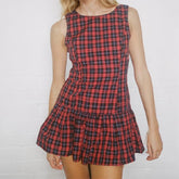 Plaid Print Round Neck Ruffles Hem Sleeveless Mini Dress