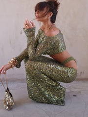 Green Sequin Long Sleeve Top And Maxi Skirt Set