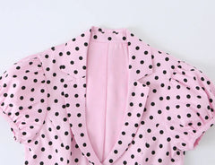 Pink Polka Dot Short Puff Sleeve Cropped Jacket And Capri Pants Set