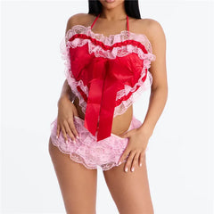 Heart Shaped Halter Lace Satin Bow Top And Pink Ruffle Mini Shorts Set