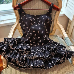 Black Square Neck Bow Printed Frill Bloomer Mini Dress