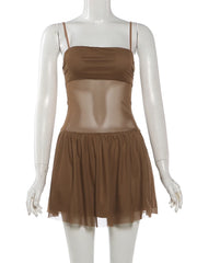 Mesh Patchwork Pleated Hem Mini Dress