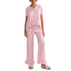 Plaid Puff Sleeve Shirt And Pj Pants Set