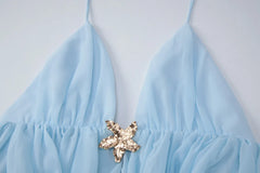 Metal-Embellished Strappy V-Neck A-line Mini Dress