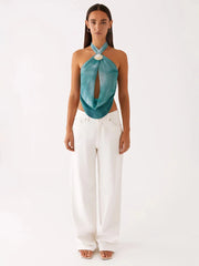 Blue Tie Dye Halter Deep Neck Top