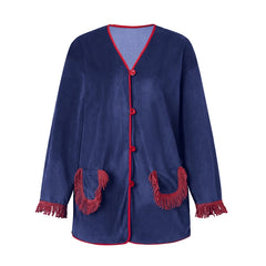 Long Sleeve Button‑Down Tassel Fringe Pocket Top And Elastic Waist Shorts Loungewear Set