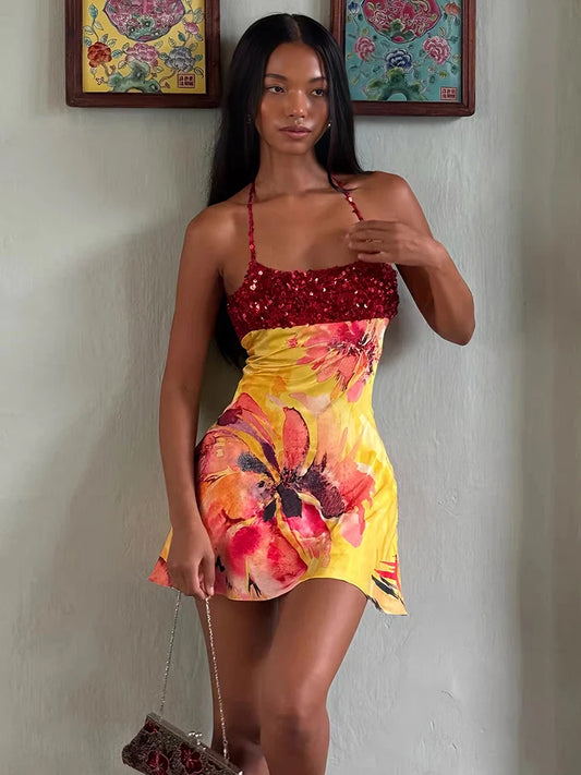 Yellow Floral Print Red Sequin Patchwork Mini Dress