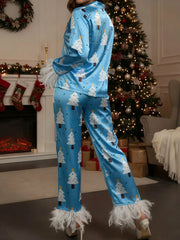 Christmas Satin Feather Trim Button-down Shirt And Pants Pj Set