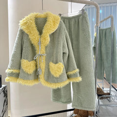 Yellow Fur Trim Fleece Three-Piece Sleepwear Set