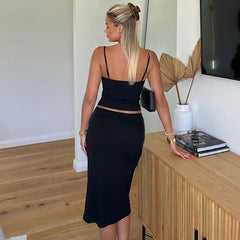 Spaghetti Strap Top And High Waist Ruched Midi Skirt Set