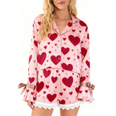 Long Sleeve Heart Print Top and Elastic Waist Shorts Loungewear Set