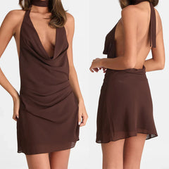 Halter Cowl Solid Short Mini Dress