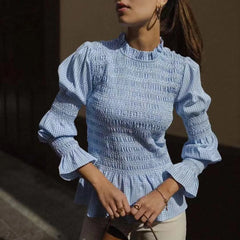 Pink Plaid Long Lantern Sleeve Smocked Top