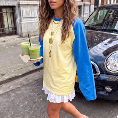 Colour Block Yellow And Blue Raglan Long Sleeve T-shirt