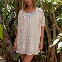 Puff Short Sleeve Tie-up Floral Babydoll Mini Dress