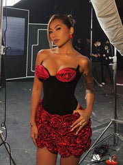 Red Satin 3d Rose Mini Skirt And Corset Top Set