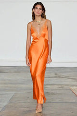 Strap Satin V-neck Long Dress