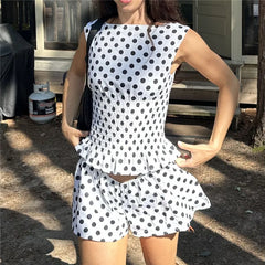 Polka Dot Smocked Sleeveless Tank Tops And Elastic Waist Shorts Matching Set
