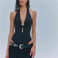 Rhinestone Front Cut Out Halterneck Bodysuit