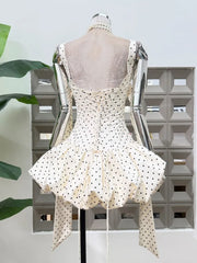 Polka Dot Corset Bow Front Flared Bubble Hem Mini Dress