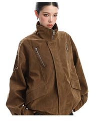 Faux Suede Stand Collar Zipper Jacket