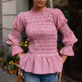 Pink Plaid Long Lantern Sleeve Smocked Top