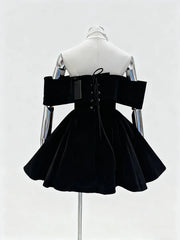 Bowknot Velvet Slash Neck Mini Dress