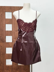 Burgundy Spaghetti Strap Lace Patchwork Pu Faux Leather Mini Dress