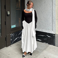 Long Sleeve Contrast Flare With Neck Scarf Maxi Dress