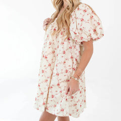 Puff Short Sleeve Floral Loose A-line Dress