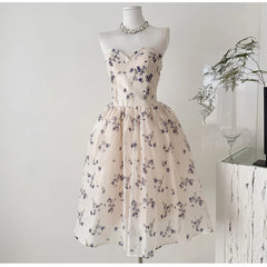 Strapless Floral Corset Fishbone Midi Dress
