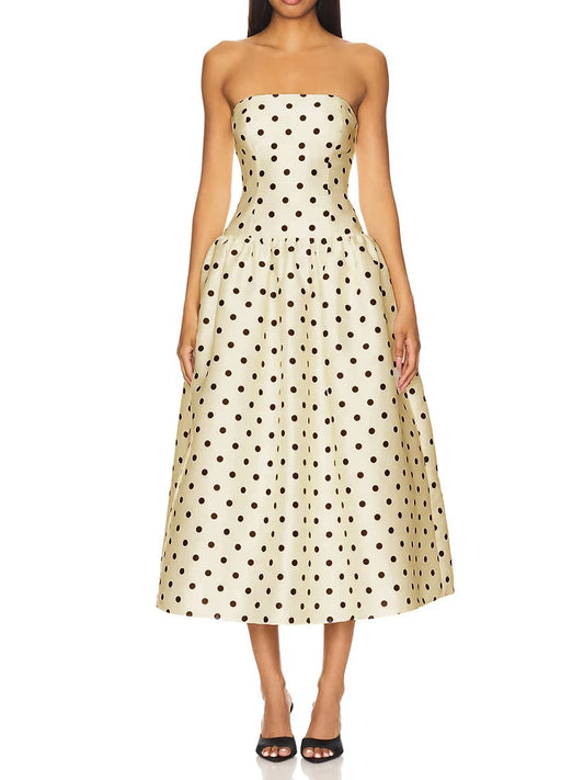 White Satin Polka Dot Strapless Midi Dress