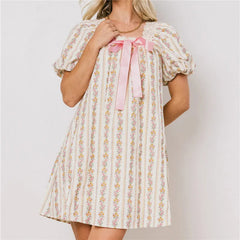 Ribbon Bow Puff Short Sleeve Floral Print Mini Dress