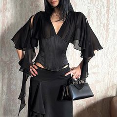 V-neck Mesh Ruffle Strap Corset Top