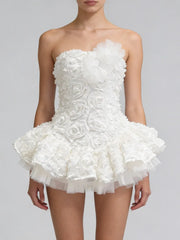 3D Flower Strapless Patchwork Ruffles Mini Dress