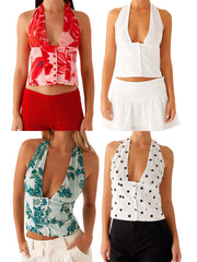 Printed Tie-up Halter Deep V-Neck Crop Top