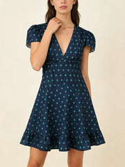 Navy Floral Print V Neck Puff Sleeve Mini Dress