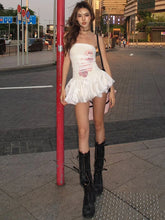 White Puff Strapless Flower Print Mini Dress