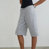 Drawstring Side Snap Button Knee Length Bermuda Shorts