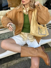 Brown Suede Zipper Jacket With Shorts