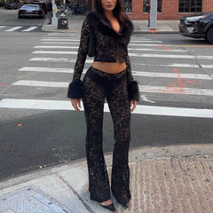 Lace Sheer Fur Collar Long Sleeve Top And Flare Pant Set