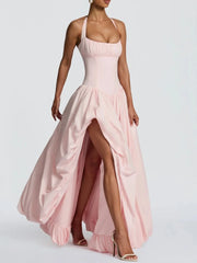 Halter Neck Puff Maxi Dress