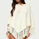 White Knit Poncho with Tassels Top