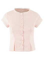 Pink Short Sleeve Button Up Top And Eyelet Trim Mini Skirt